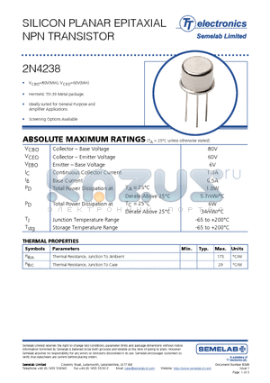 2N4238 datasheet - SILICON PLANAR EPITAXIAL NPN TRANSISTOR