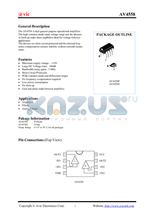 AV4558 datasheet - Dual general purpose operational Amplifiers.