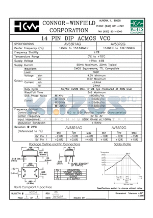 AV53R1AG datasheet - 14 PIN DIP ACMOS VCO