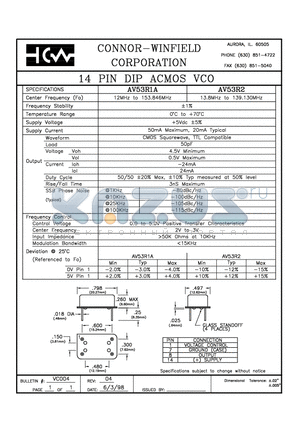 AV53R2 datasheet - 14 PIN DIP ACMOS VCO