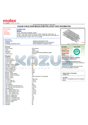 75900-1182 datasheet - 3.50mm (.138) Pitch, MX150 Dual Row Header, Breakaway, Right Angle, 16 Circuits, 1.25lm (50l) Nickel (Ni) Overall