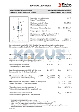 BZW04-94 datasheet - Unidirectional and bidirectional Transient Voltage Suppressor Diodes