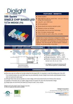 586-1A01-103F datasheet - SINGLE CHIP BASED LED T1 3/4 WEDGE (T5)