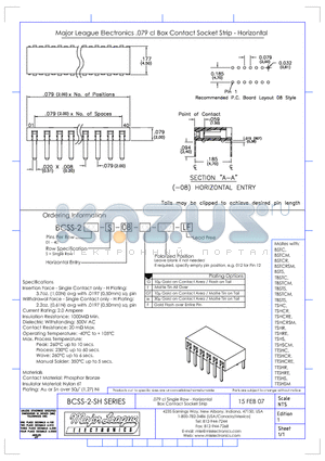 BCSS-201-S-08-GT-LF datasheet - .079 cl Single Row - Horizontal Box Contact Socket Strip