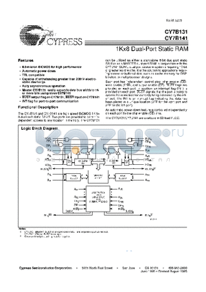 CY7B141-20JC datasheet - 1Kx8 Dual-Port Static RAM