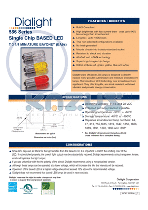586-2405-103F datasheet - Single Chip BASED LED T 3 1/4 MINIATURE BAYONET (BA9s)