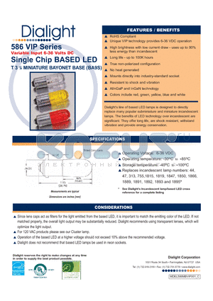 586-2406-220F datasheet - Single Chip BASED LED T 3 1/4 MINIATURE BAYONET BASE (BA9S)