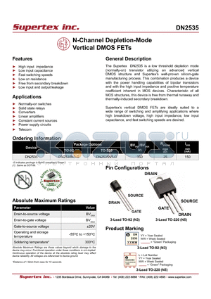 DN2535 datasheet - N-Channel Depletion-Mode Vertical DMOS FETs