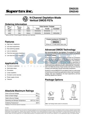 DN2540 datasheet - N-Channel Depletion-Mode Vertical DMOS FETs