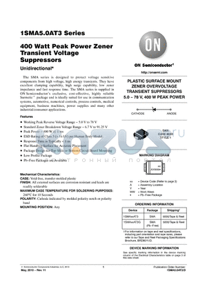 1SMA7.0AT3 datasheet - 400 Watt Peak Power Zener Transient Voltage Suppressors