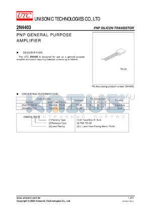 2N4403-T92-K datasheet - PNP GENERAL PURPOSE AMPLIFIER