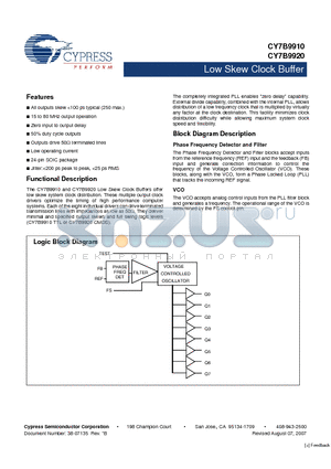 CY7B9910-2SC datasheet - Low Skew Clock Buffer