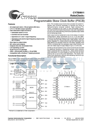 CY7B9911-5JC datasheet - Programmable Skew Clock Buffer (PSCB)