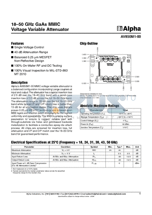 AV850M1-00 datasheet - 18-50 GHz GaAs MMIC Voltage Variable Attenuator
