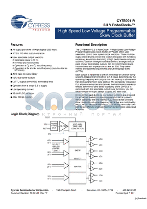 CY7B9911V-5JXC datasheet - High Speed Low Voltage Programmable Skew Clock Buffer