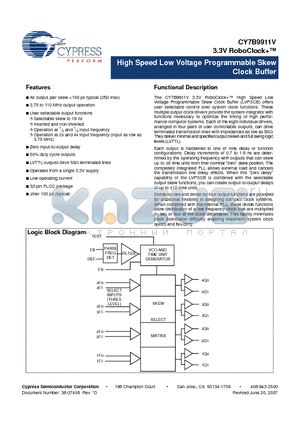 CY7B9911V-5JXCT datasheet - High Speed Low Voltage Programmable Skew Clock Buffer