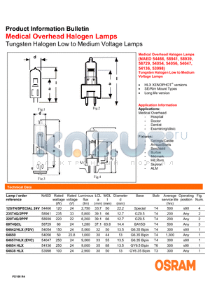 58939 datasheet - Product Information Bulletin Medical Overhead Halogen Lamps Tungsten Halogen Low to Medium Voltage Lamps