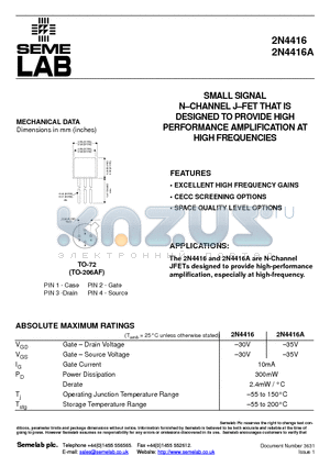 2N4416A datasheet - SMALL SIGNAL N-CHANNEL J-FET THAT IS DESIGNED TO PROVIDE HIGH PERFORMANCE AMPLIFICATION AT HIGH FREQUENCIES