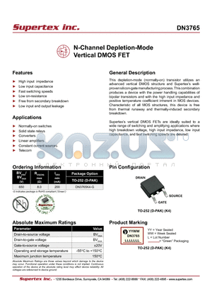 DN3765 datasheet - N-Channel Depletion-Mode Vertical DMOS FET