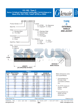 121-100-2-1-09BKCE datasheet - Helical Convoluted Tubing (MIL-T-81914) Natural or Black PFA, FEP, PTFE, Tefzel (ETFE) or PEEK