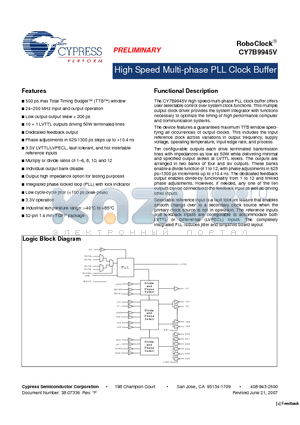 CY7B9945V-2AIT datasheet - High Speed Multi-phase PLL Clock Buffer