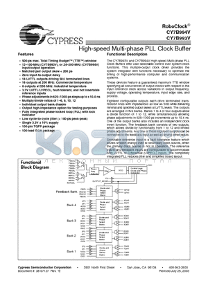 CY7B994V-5BBC datasheet - High-Speed Multi-Phase PLL Clock Buffer