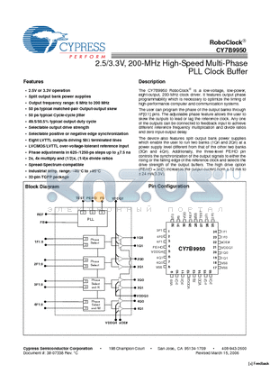 CY7B9950AC datasheet - 2.5/3.3V, 200-MHz High-Speed Multi-Phase PLL Clock Buffer