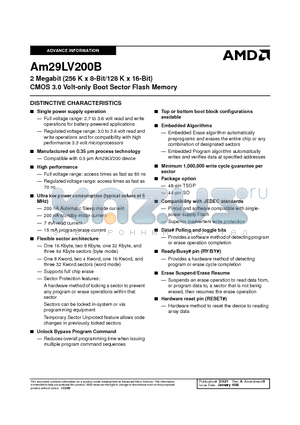 AM29LV200BB-120FIB datasheet - 2 Megabit (256 K x 8-Bit/128 K x 16-Bit) CMOS 3.0 Volt-only Boot Sector Flash Memory