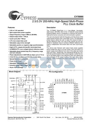 CY7B995AI datasheet - 2.5/3.3V 200-MHz High-Speed Multi-Phase PLL Clock Buffer