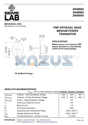 2N4900X datasheet - PNP EPITAXIAL BASE MEDIUM POWER TRANSISTOR