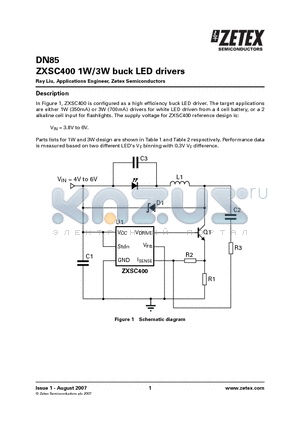 DN85 datasheet - ZXSC400 1W/3W buck LED drivers