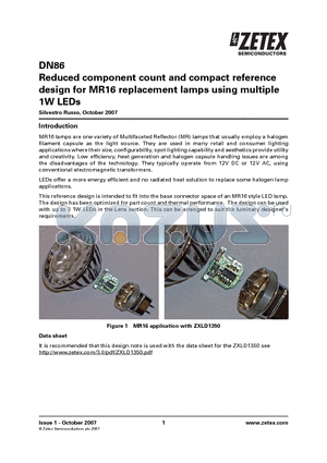DN86 datasheet - Reduced component count and compact reference design for MR16 replacement lamps using multiple 1W LEDs