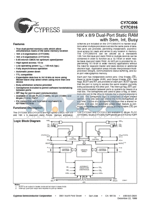 CY7C006-35AC datasheet - 16K x 8/9 Dual-Port Static RAM with Sem, Int, Busy