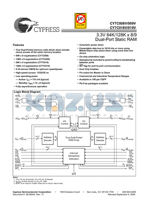 CY7C008V datasheet - 3.3V 64K/128K x 8/9 Dual-Port Static RAM