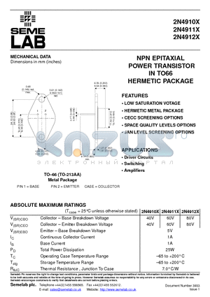 2N4910X_03 datasheet - NPN EPITAXIAL POWER TRANSISTOR IN TO66 HERMETIC PACKAGE