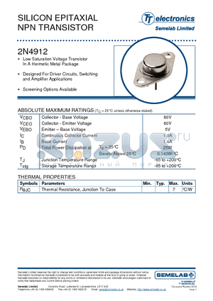 2N4912 datasheet - SILICON EPITAXIAL NPN TRANSISTOR