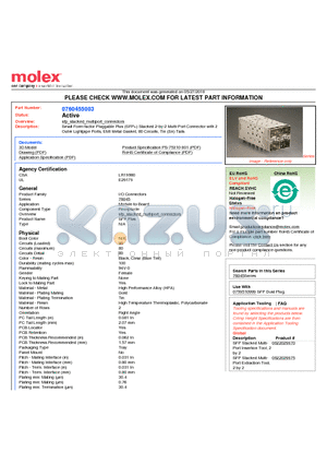 760455003 datasheet - Small Form-factor Pluggable Plus (SFP) Stacked 2-by-2 Multi-Port Connector with 2  Outer Lightpipe Ports, EMI Metal Gasket, 80 Circuits, Tin (Sn) Tails