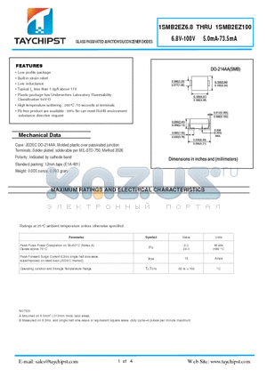 1SMB2EZ100 datasheet - GLASS PASSIVATED JUNCTION SILICON ZENER DIODES