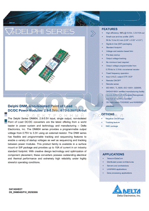 DNL04S0A0R10NFB datasheet - Delphi DNM, Non-Isolated Point of Load DC/DC Power Modules: 2.8-5.5Vin, 0.75-3.3V/10A out