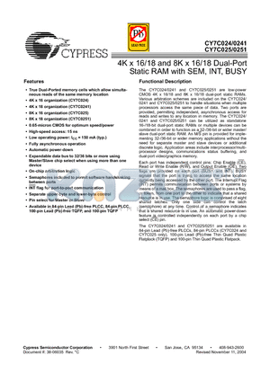 CY7C024-25AI datasheet - 4K x 16/18 and 8K x 16/18 Dual-Port Static RAM with SEM, INT, BUSY