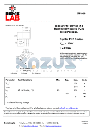 2N4929 datasheet - Bipolar PNP Device in a Hermetically sealed TO39