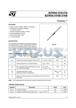 BZW06-15 datasheet - TRANSIL