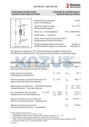 BZW06-15 datasheet - Unidirectional and bidirectional Transient Voltage Suppressor Diodes