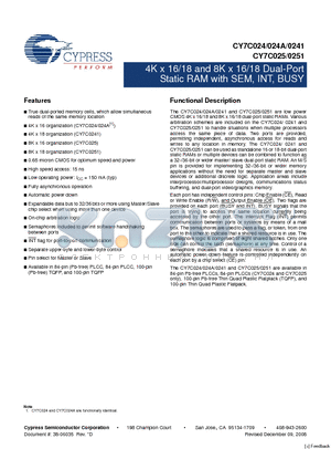 CY7C024-55AI datasheet - 4K x 16/18 and 8K x 16/18 Dual-Port Static RAM with SEM, INT, BUSY