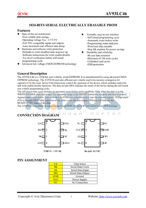 AV93LC46SI datasheet - 1024-BITS SERIAL ELECTRICALLY ERASABLE PROM
