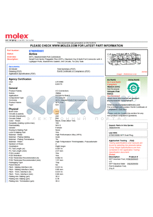 760945001 datasheet - Small Form-factor Pluggable Plus (SFP) Stacked 2-by-6 Multi-Port Connector with 4 Lightpipe Ports, Elastomeric Gasket, 240 Circuits, Tin (Sn) Tails