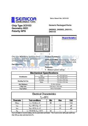 2N5005 datasheet - Chip Type 2C5153 Geometry 9221 Polarity NPN