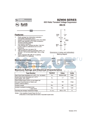 BZW06-20 datasheet - 600 Watts Transient Voltage Suppressor