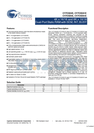 CY7C0241E-25AXC datasheet - 4K x 16/18 and 8K x 16/18 Dual-Port Static RAM with SEM, INT, BUSY