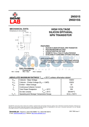 2N5015S datasheet - HIGH VOLTAGE SILICON EPITAXIAL NPN TRANSISTOR